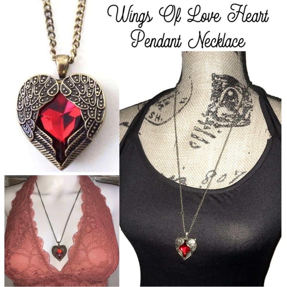 3-$15 Eye Catching Wings Heart Crystal Pendant Necklace